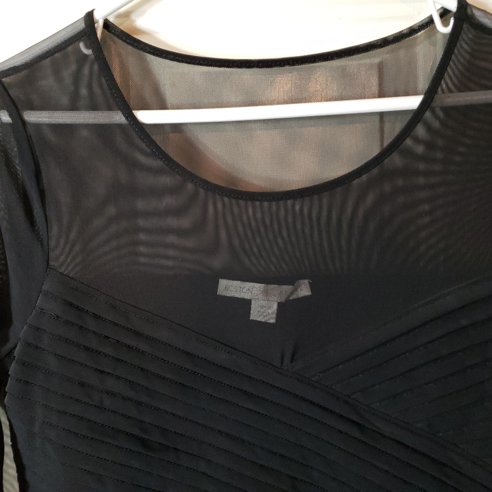 Boston Proper S Fitted Pleated Tunic Women Black 3/4 Sleeve  sheer Accent Sleeve